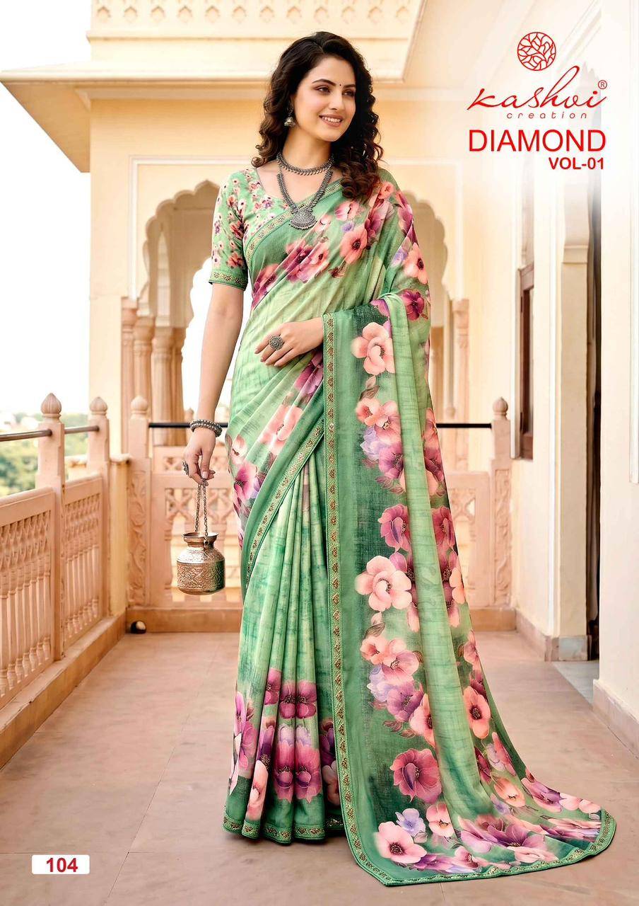 DIAMOND VOL 01 By KASHVI CREATION 101 To 108 Series Indian Traditional Wear DULL MOSS VISCOSE sarees At Wholesale Price